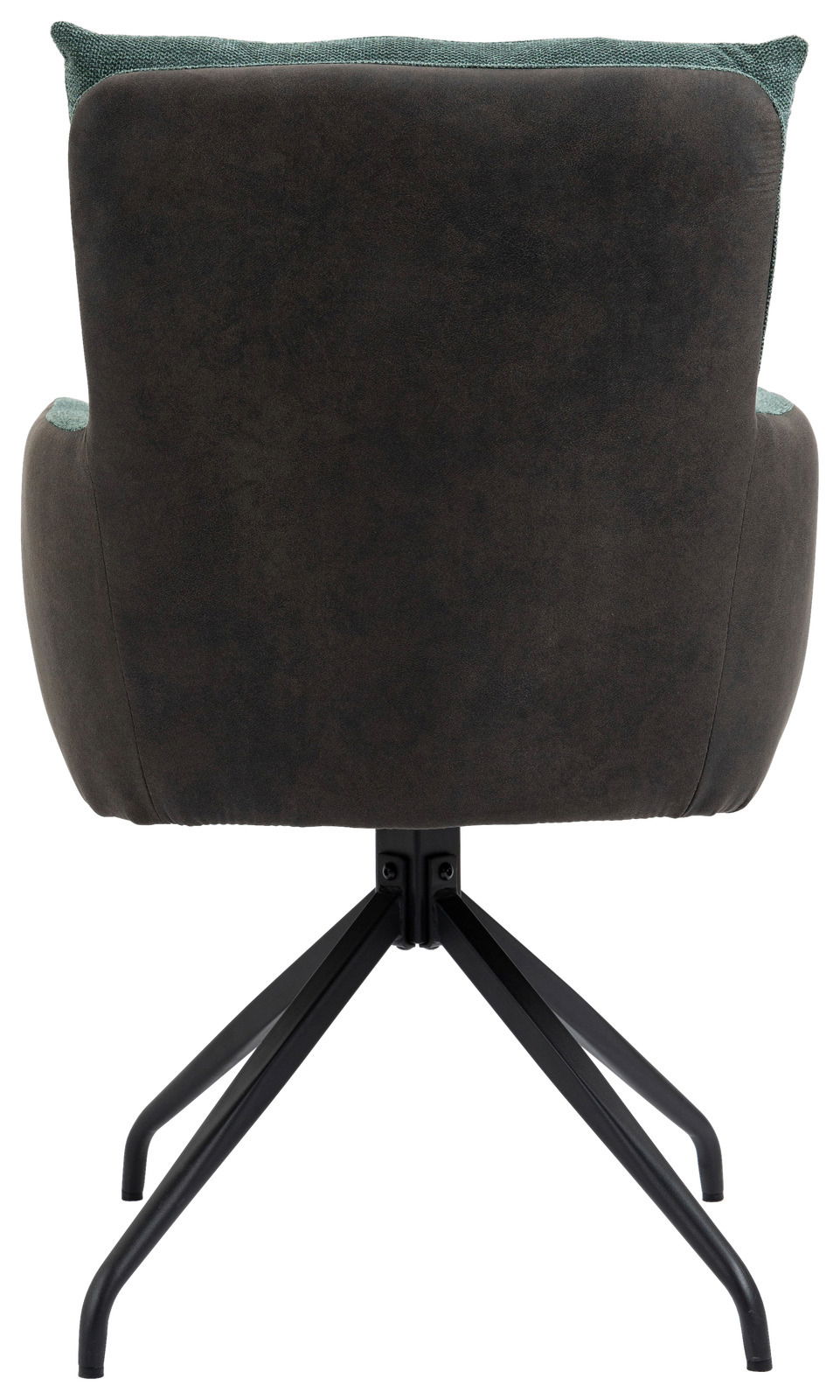 Rückansicht eines Sessels mit schwarzem Metallgestell und dunkelbrauner Polsterung.