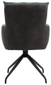 Rückansicht eines Sessels mit schwarzem Metallgestell und dunkelbrauner Polsterung.