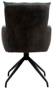 Achterkant van een fauteuil met een zwart metalen frame en donkerbruine bekleding.