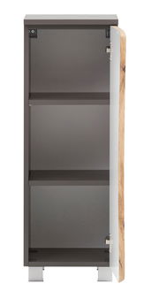 Moderner Unterschrank mit geöffneter Tür, graue Front und Holzakzent, Frontalansicht