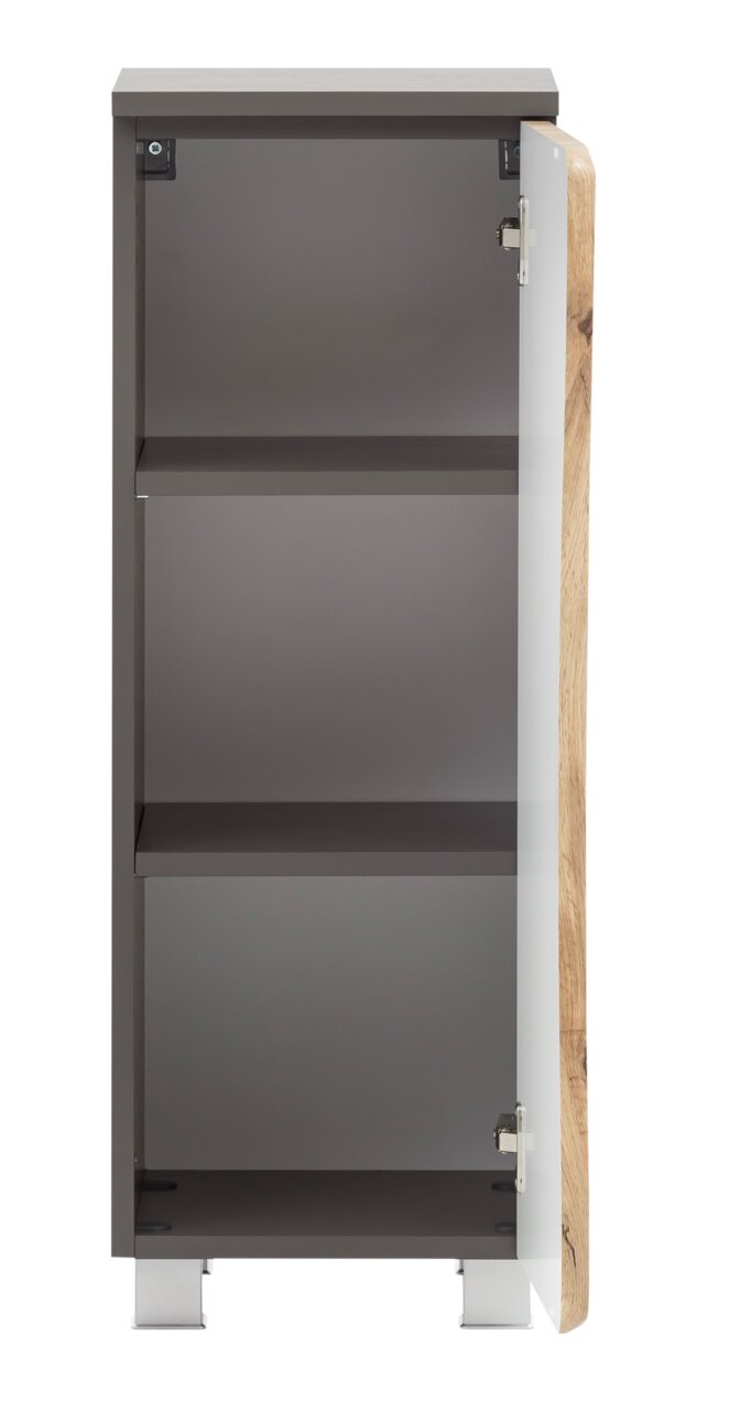 Moderner Unterschrank mit geöffneter Tür, graue Front und Holzakzent, Frontalansicht