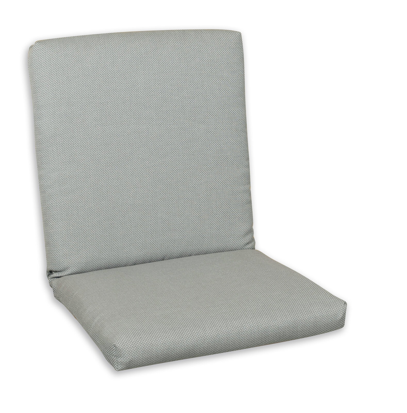 Graue Niederlehnerauflage in Vorderansicht, ideal für Gartenstühle.