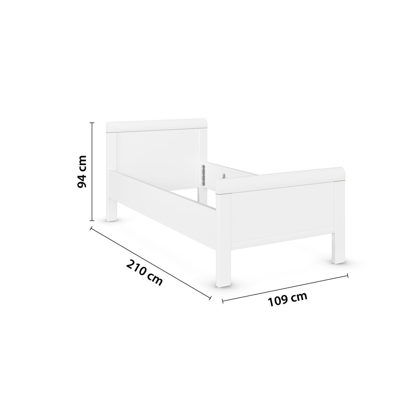 Weißes Komfortbett aus seitlicher Perspektive mit den Maßen 210 cm Länge, 109 cm Breite und 94 cm Höhe.