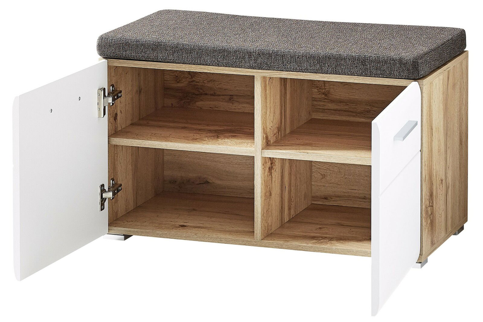 Garderoben-Set mit Sitzbank, Holzoptik, zwei offene Türen, seitliche Perspektive