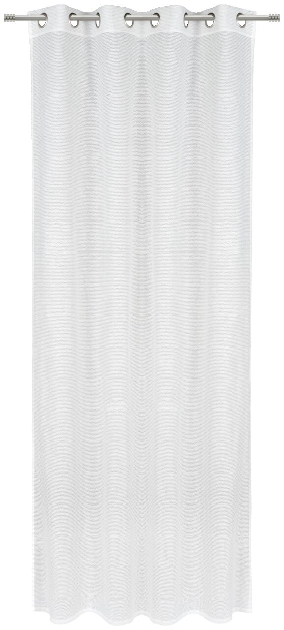 Weißer Ösenschal 135x245cm, frontal fotografiert, mit gleichmäßigen Falten und silbernen Ösen.