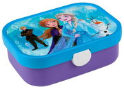 Brotdose mit Frozen 2 Motiv, zeigt Anna, Elsa, Olaf und Kristoff, aus schräger Perspektive fotografiert.