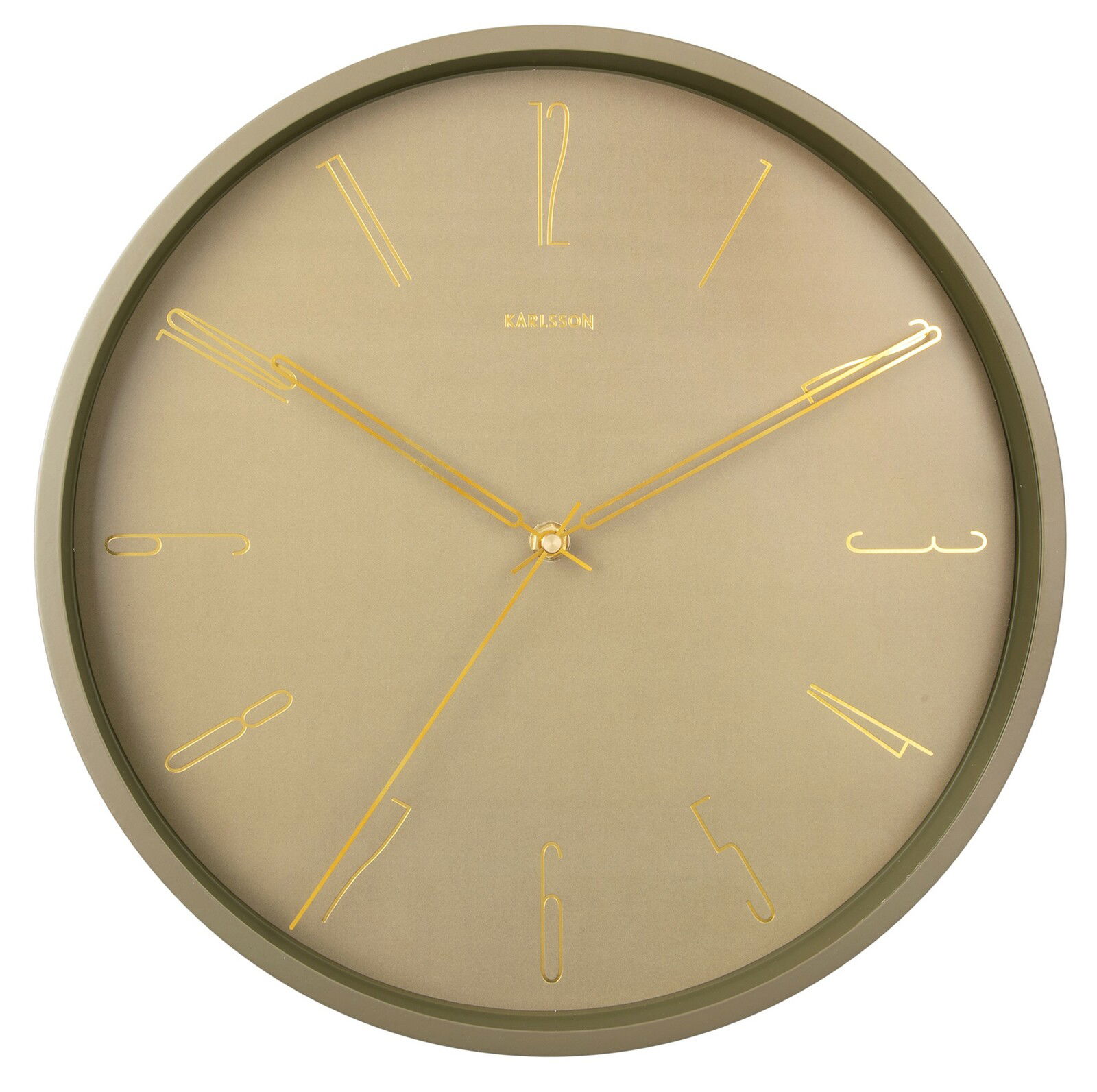 Wanduhr Belle Numbers aus Metall mit goldenen Ziffern und Zeigern, frontal abgebildet.