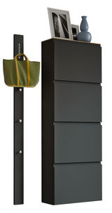 Schwarzes Garderobenset mit vier Schubladen und Wandhaken, seitliche Perspektive