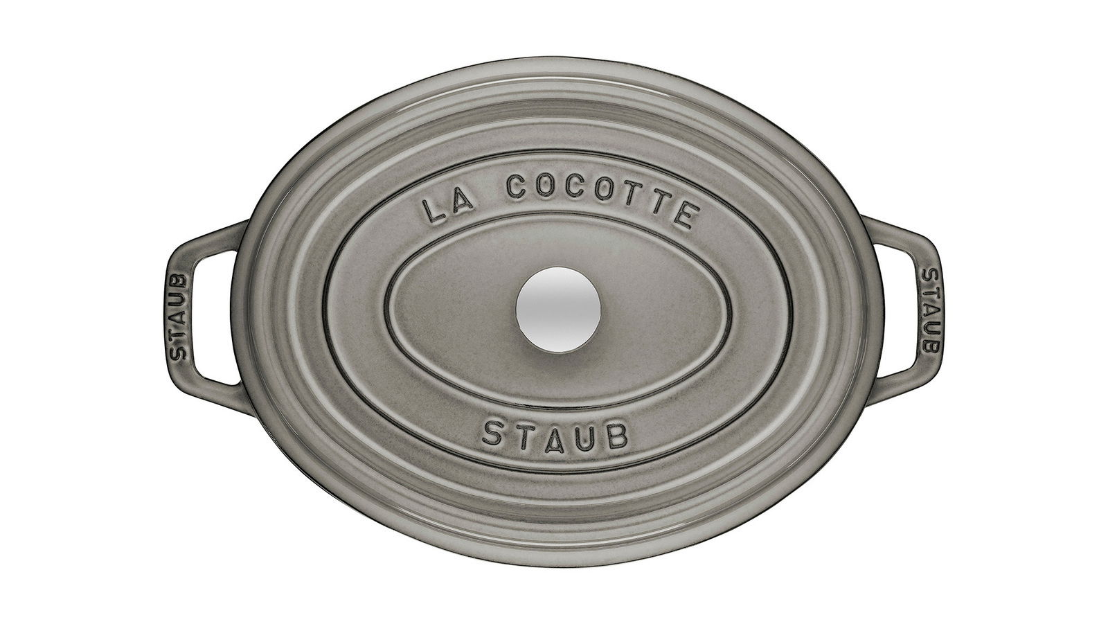 Obere Ansicht eines ovalen Bräters mit der Aufschrift 'La Cocotte Staub' auf dem Deckel.