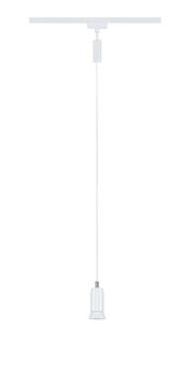 Weißes Schienenpendel Runa, hängend von einer Decke, seitliche Perspektive