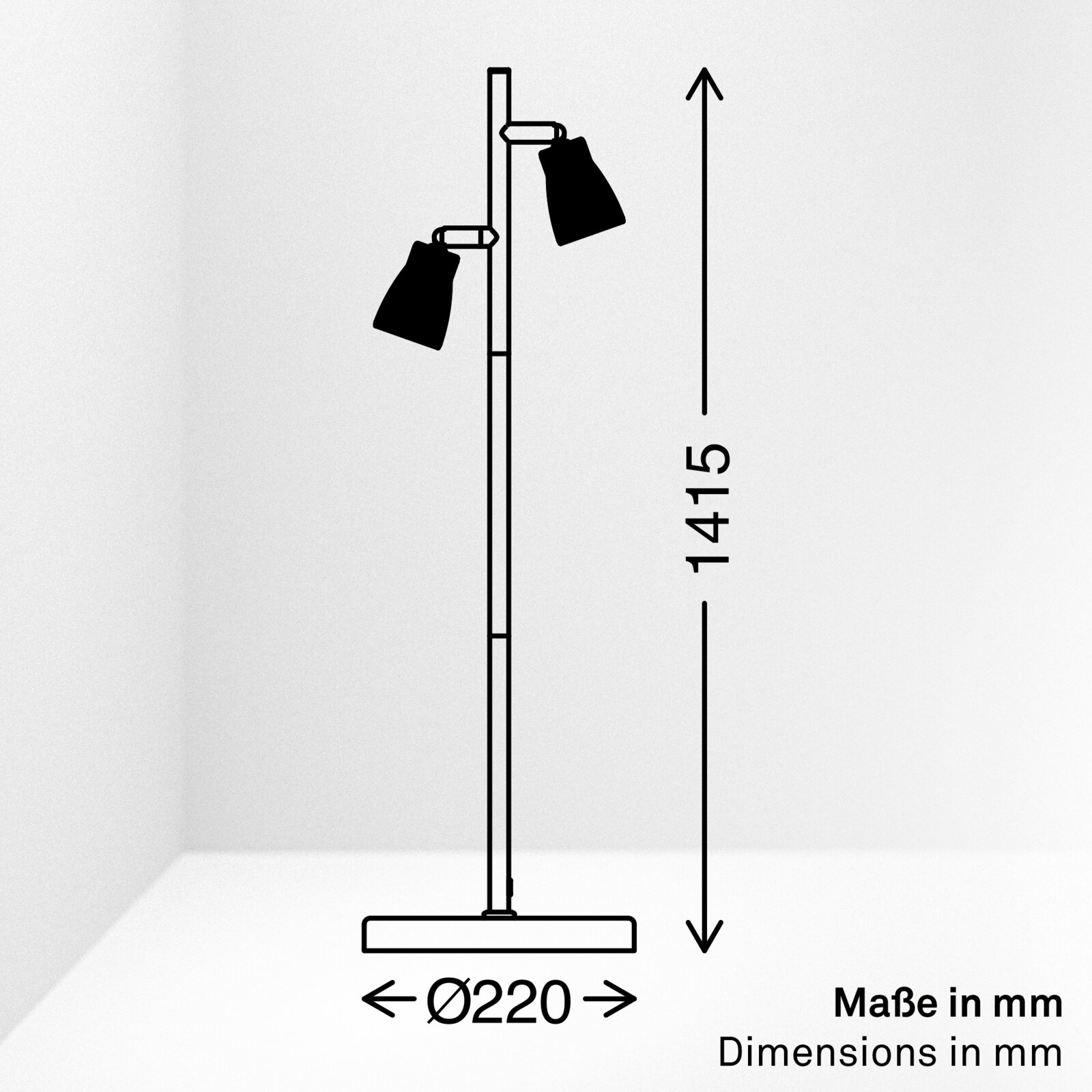 Technische Seitenansicht einer modernen Stehleuchte mit zwei verstellbaren Spot-Schirmen, Höhe 1415 mm und runder Fuß Ø 220 mm (Maße in mm).