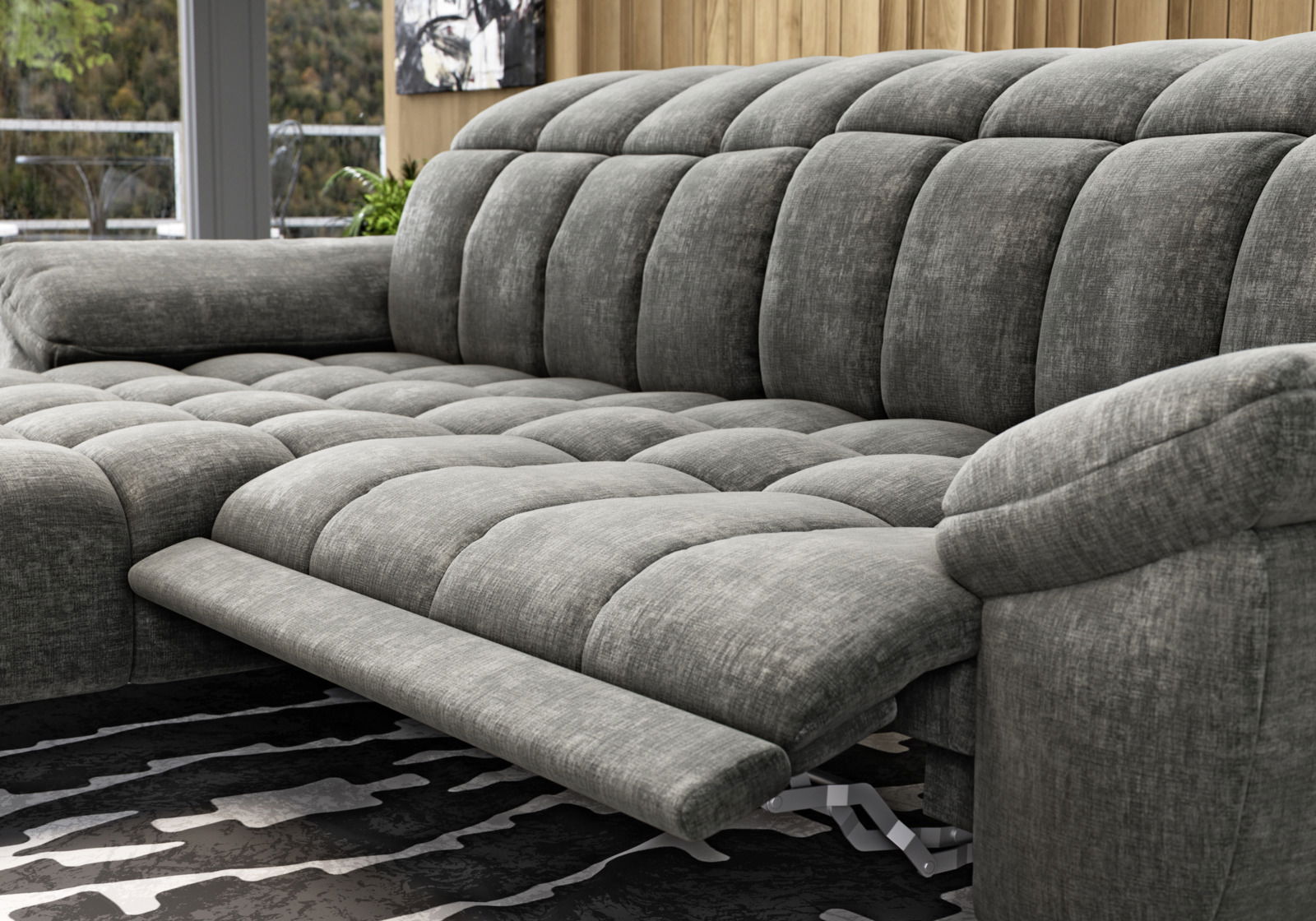 Graue Longchairkombination mit verstellbarer Fußstütze, seitliche Perspektive