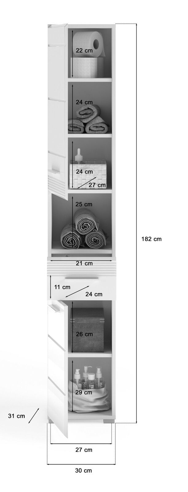 Hochschrank der Badkombination LINUS von MID.YOU, 182 cm hoch, mit mehreren Fächern und Schubladen, gefüllt mit Handtüchern, Toilettenpapier und Pflegeprodukten. Ansicht von vorne.