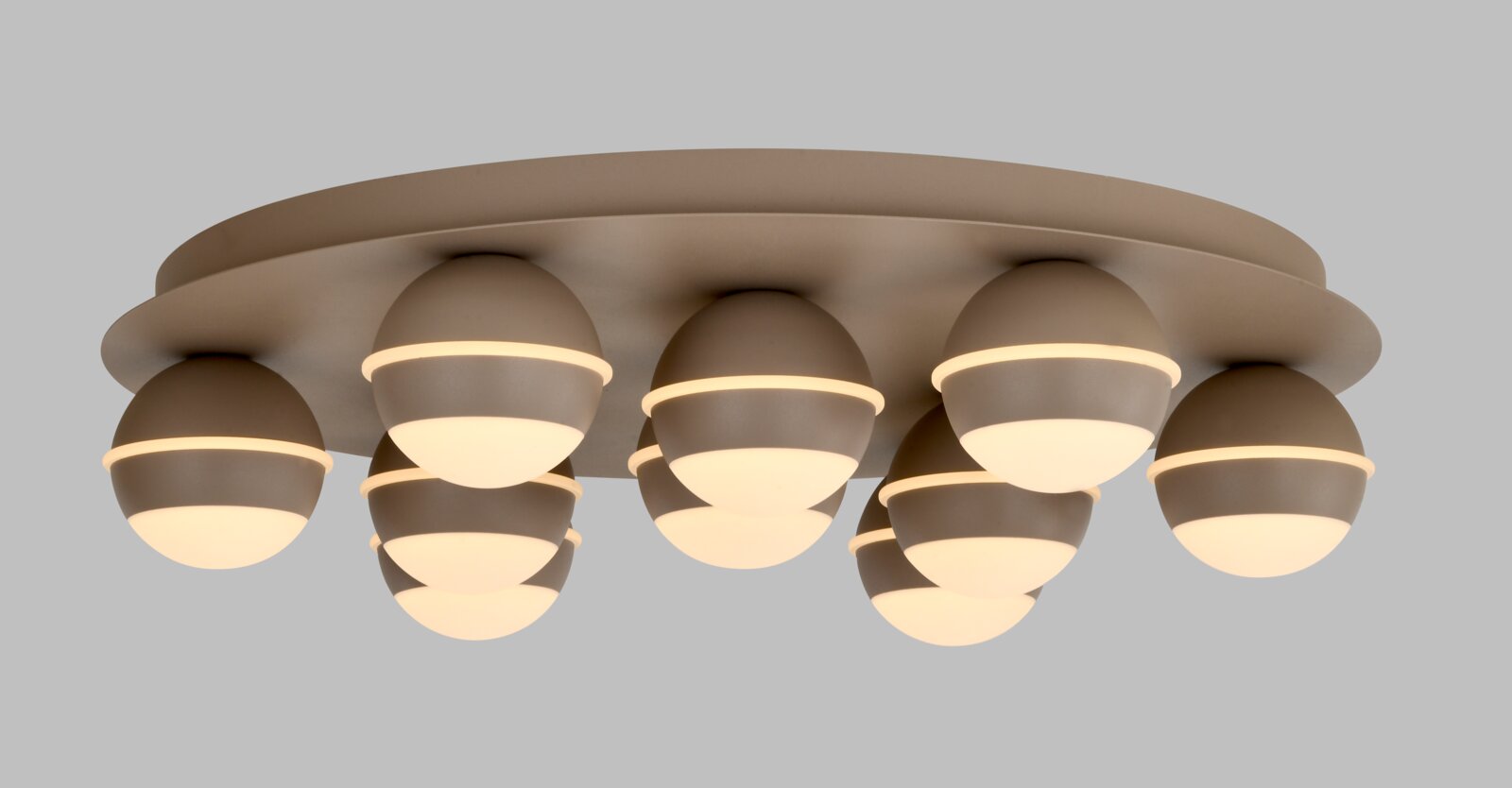Moderne led-plafondlamp met meerdere bolvormige lichtelementen, zijaanzicht