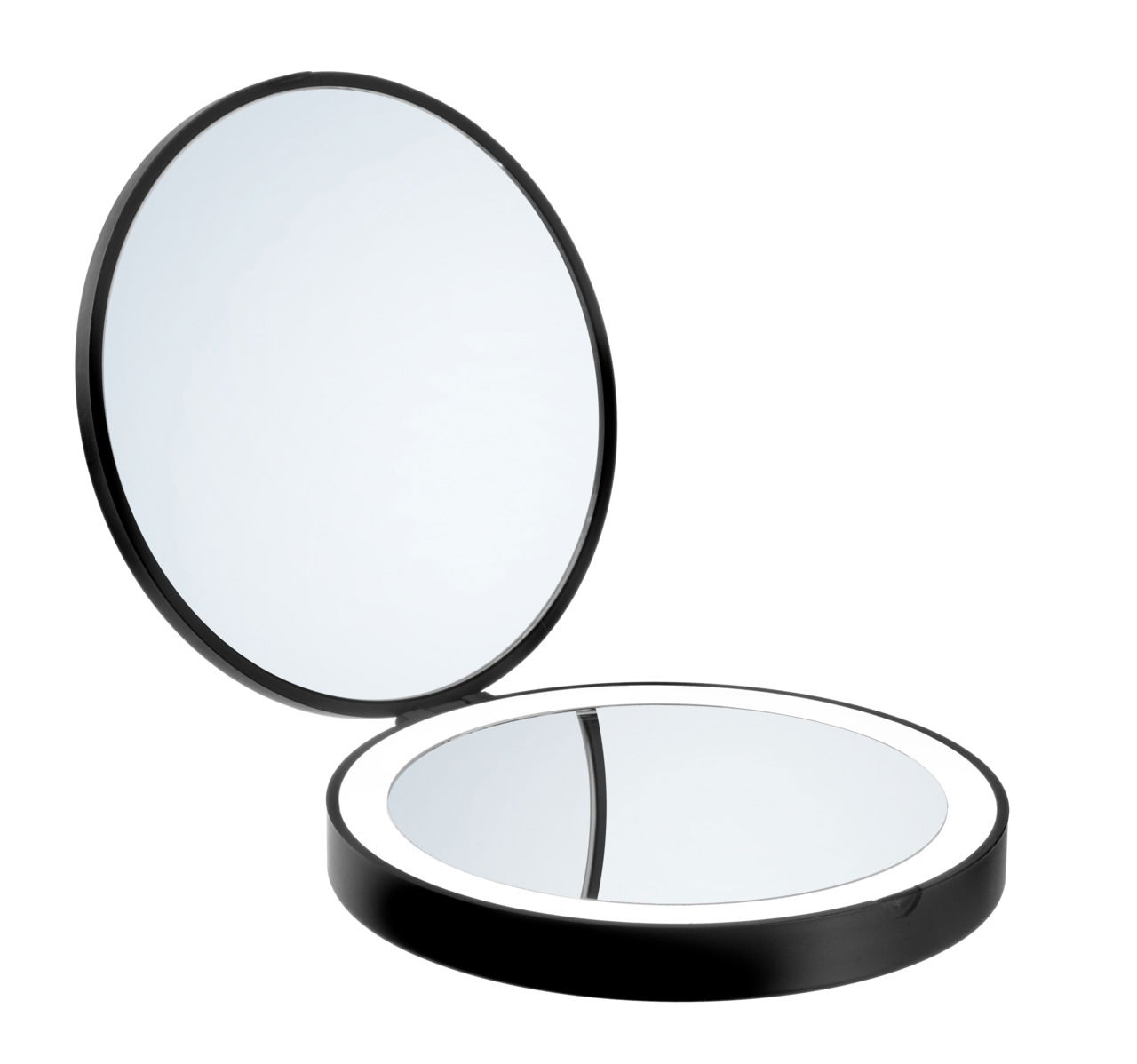Schwarzer Reise-Kosmetikspiegel, geöffnet, mit zwei runden Spiegeln in einer klappbaren Hülle, aus der Perspektive von vorne.
