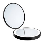 Schwarzer Reise-Kosmetikspiegel, geöffnet, mit zwei runden Spiegeln in einer klappbaren Hülle, aus der Perspektive von vorne.