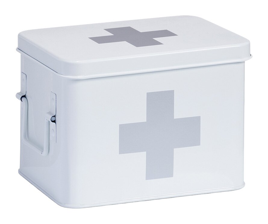 Weiße Metall-Medizinbox mit grauem Kreuz, seitliche Perspektive