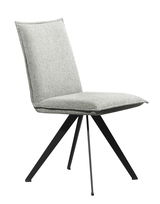 Moderner grauer Stuhl mit gepolsterter Rückenlehne und Sitzfläche, schwarzes Metallgestell, seitliche Perspektive