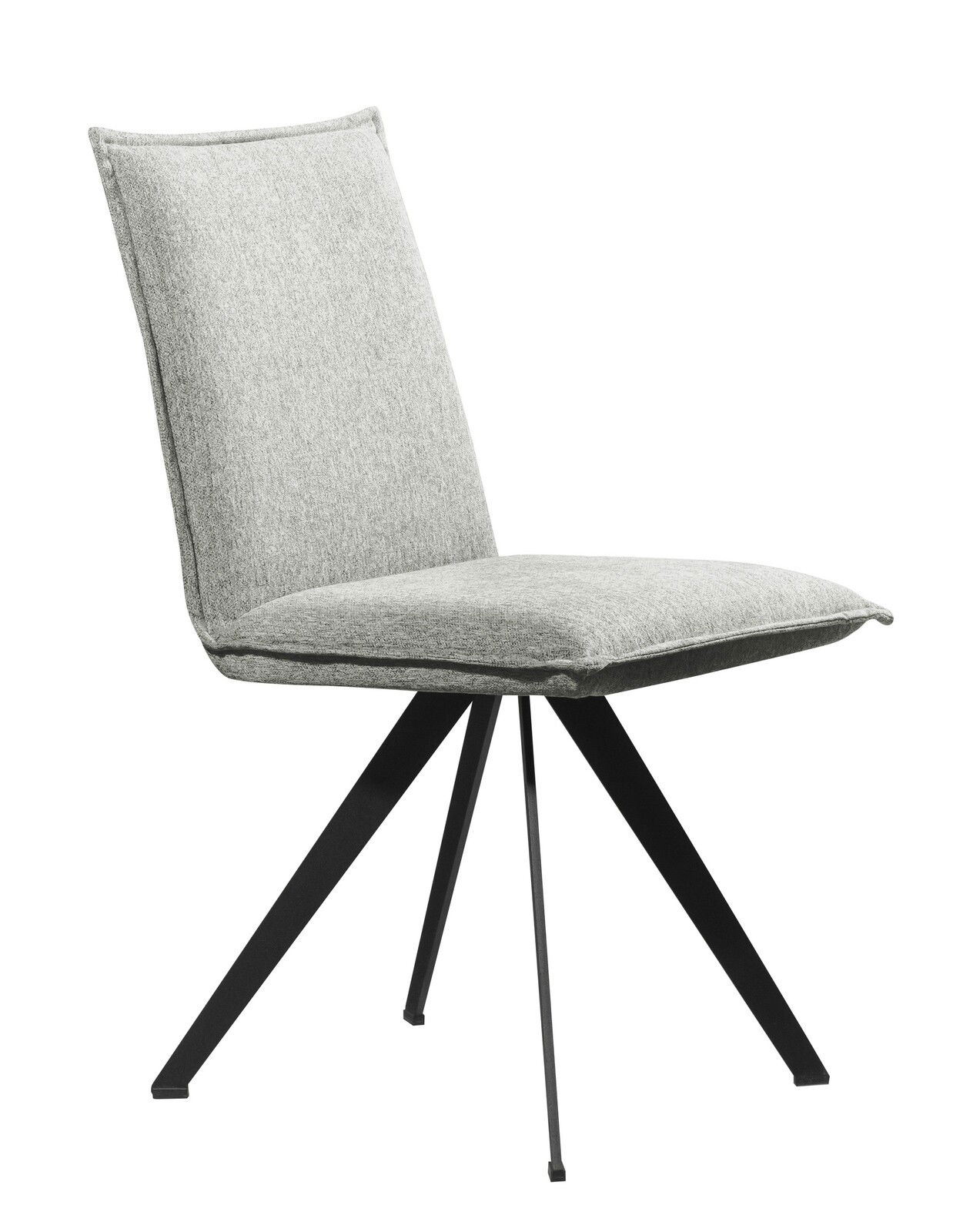 Moderner grauer Stuhl mit gepolsterter Rückenlehne und Sitzfläche, schwarzes Metallgestell, seitliche Perspektive
