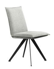 Moderner grauer Stuhl mit gepolsterter Rückenlehne und Sitzfläche, schwarzes Metallgestell, seitliche Perspektive