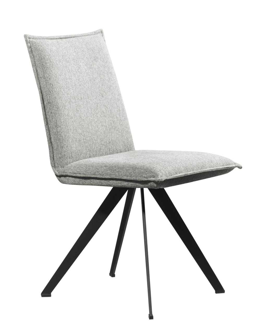 Moderner grauer Stuhl mit gepolsterter Rückenlehne und Sitzfläche, schwarzes Metallgestell, seitliche Perspektive