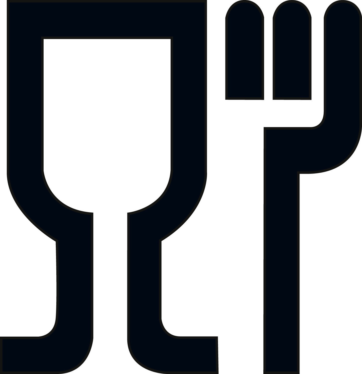 Symbol für Lebensmittelkontakt, schwarze Umrisse eines Weinglases und einer Gabel auf weißem Hintergrund, Frontalansicht