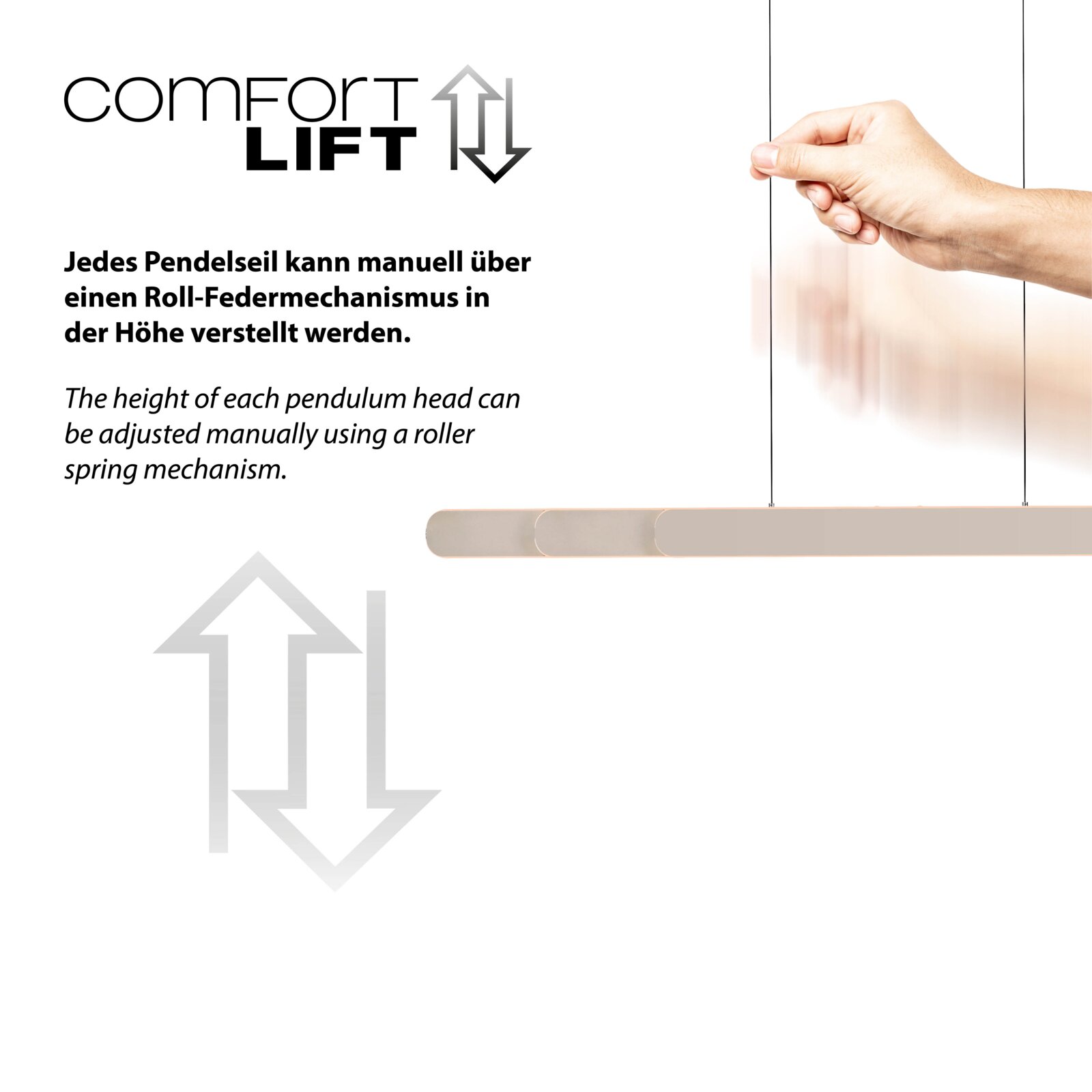 Infografik „comfort LIFT“: Hand zieht an einem Pendelseil einer Hängeleuchte, um die Höhe per Roll-Federmechanismus zu verstellen; Seitenansicht/Detailperspektive.