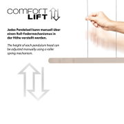 Infografik „comfort LIFT“: Hand zieht an einem Pendelseil einer Hängeleuchte, um die Höhe per Roll-Federmechanismus zu verstellen; Seitenansicht/Detailperspektive.