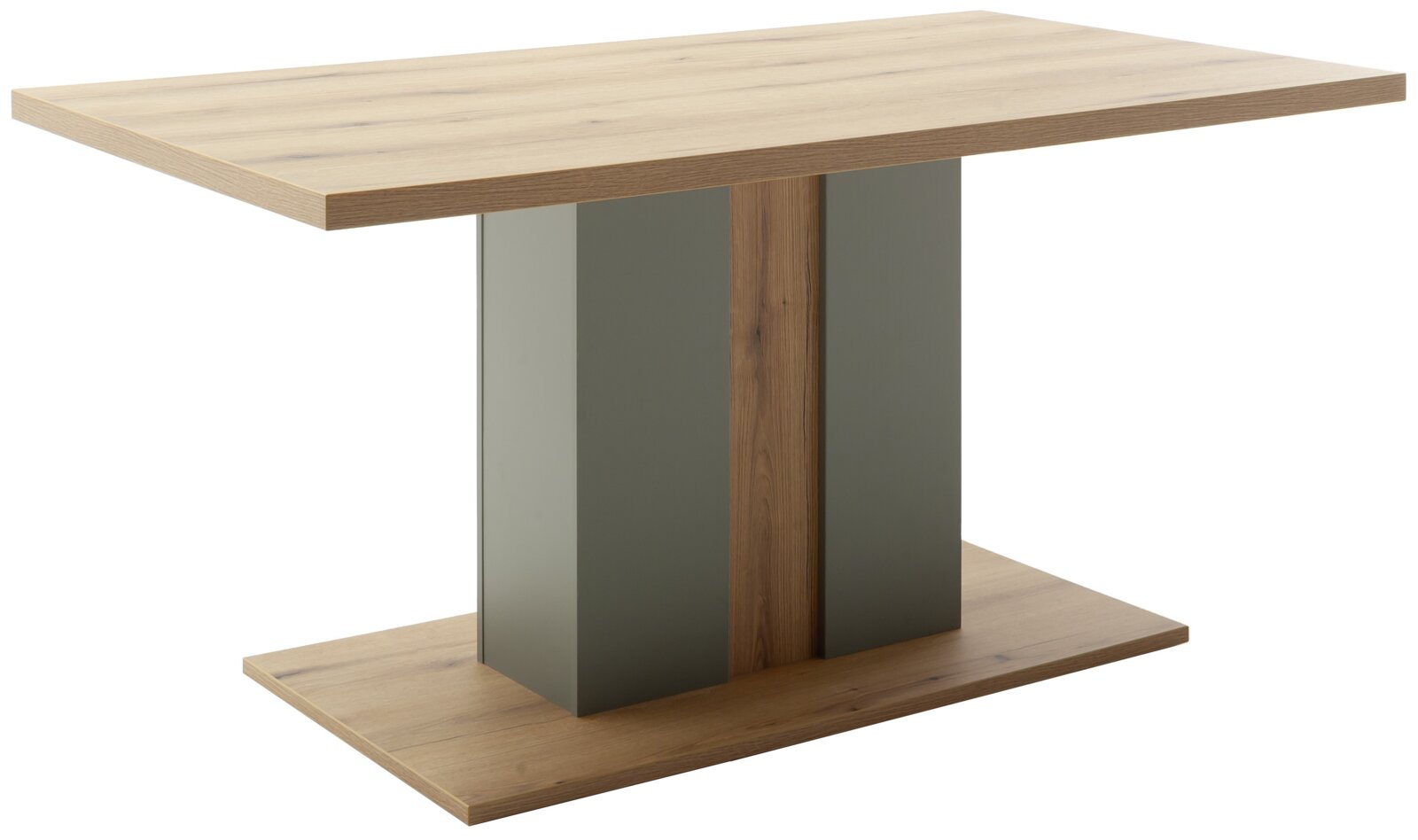 Z2 Esstisch MONITZ Moderner Holztisch mit rechteckiger Tischplatte und Bodenplatte in Eichenoptik, mittigem Säulengestell mit olivgrünen Metallpaneelen, in schräger Seitenansicht von vorn vor weißem Hintergrund