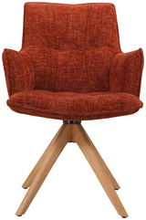 Moderner Sessel mit rotem Stoffbezug und Holzbeinen, Frontalansicht