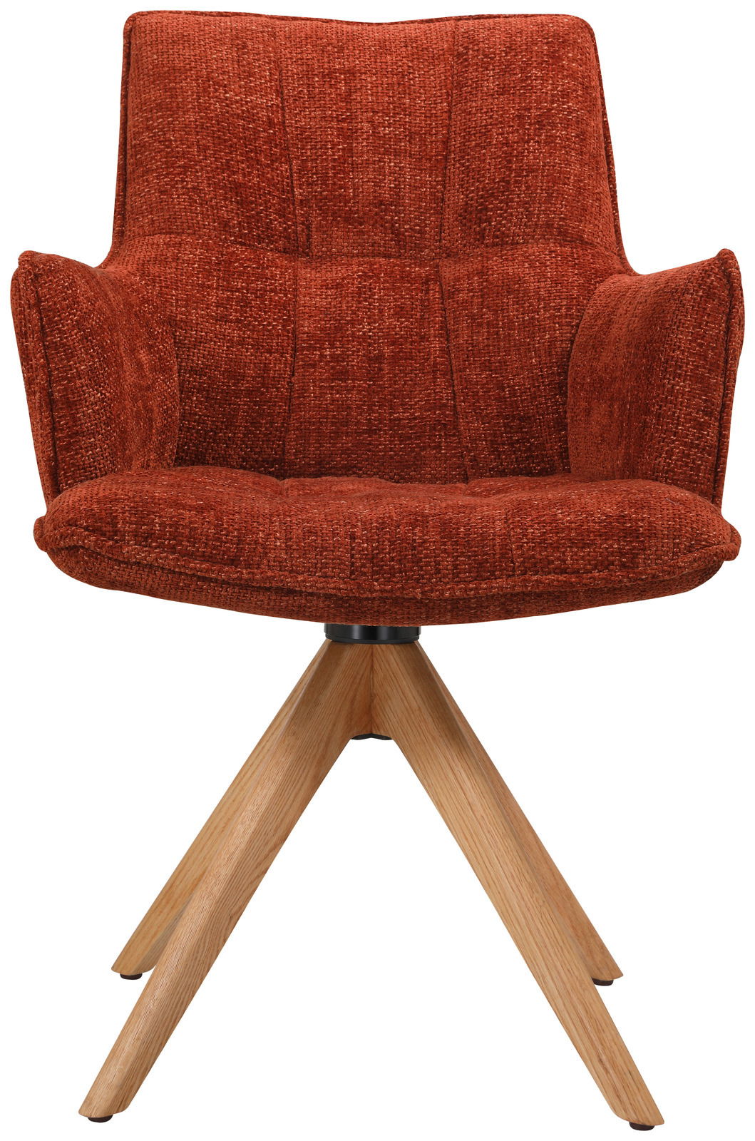 Moderner Sessel mit rotem Stoffbezug und Holzbeinen, Frontalansicht