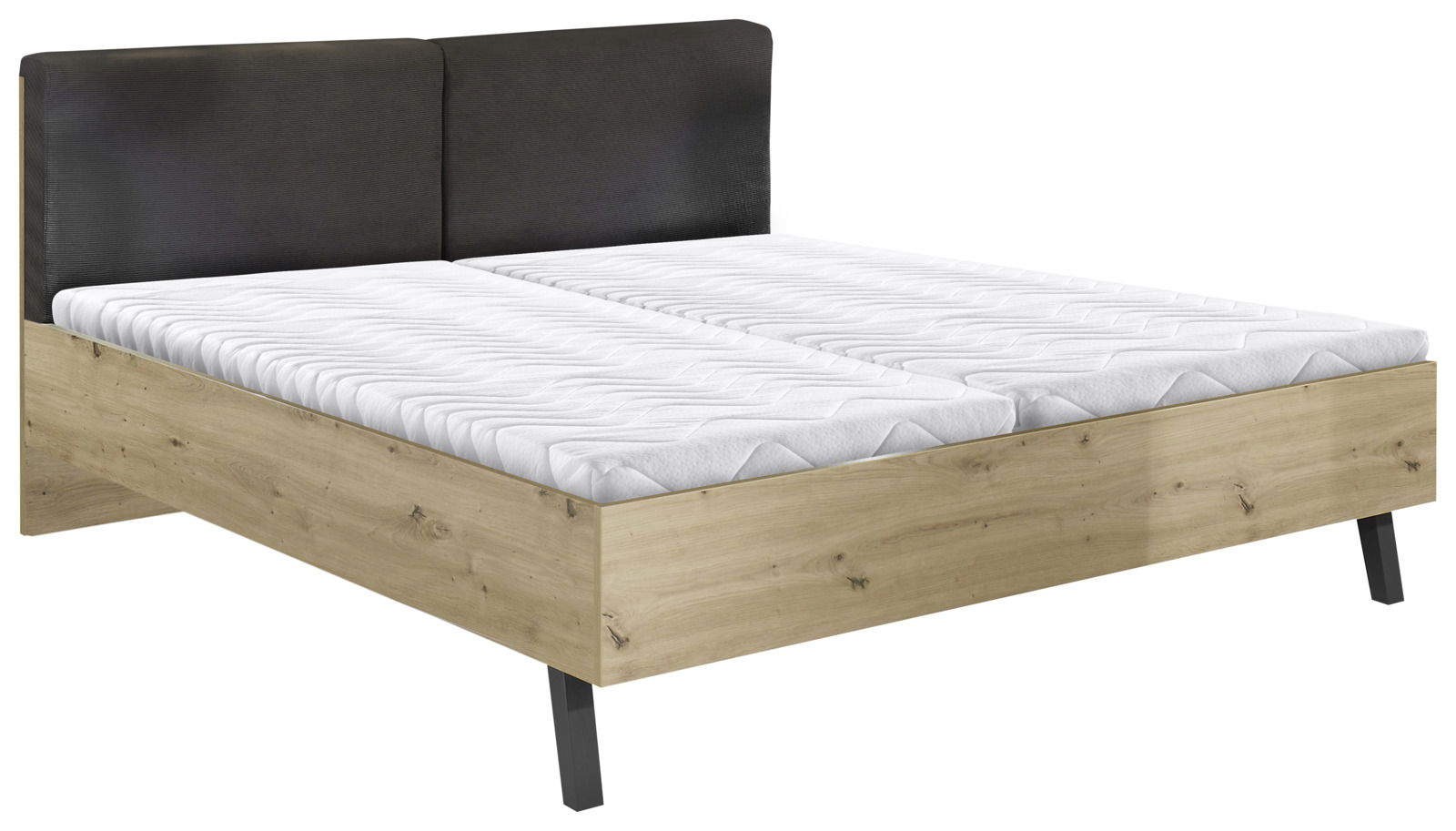 Modernes Doppelbett mit Holzrahmen und schwarzem Kopfteil, seitliche Perspektive