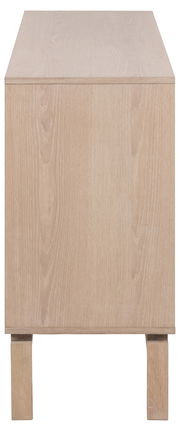 Seitenansicht eines modernen, hellen Holz-Sideboards mit klaren Linien und minimalistischen Beinen.