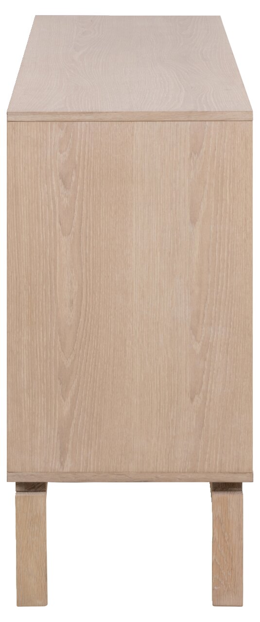 Seitenansicht eines modernen, hellen Holz-Sideboards mit klaren Linien und minimalistischen Beinen.