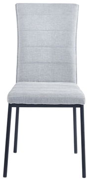 Moderner grauer Stuhl mit gepolsterter Rückenlehne und Sitzfläche, Vorderansicht