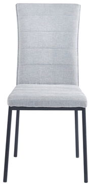 Moderner grauer Stuhl mit gepolsterter Rückenlehne und Sitzfläche, Vorderansicht