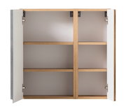 Hängeschrank 65 cm mit offenen Türen, drei Regalböden und Holzoptik, Frontalansicht