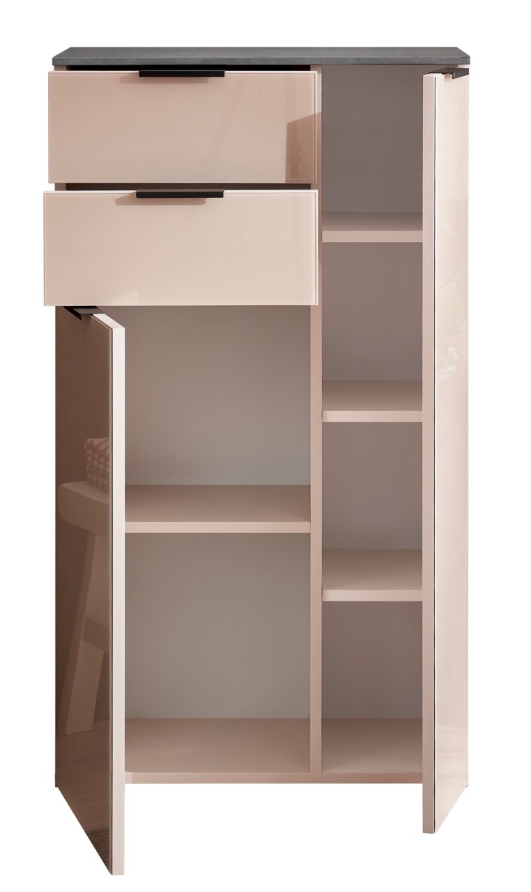 Hochglanz Highboard mit zwei offenen Schubladen und mehreren Regalfächern, Frontalansicht