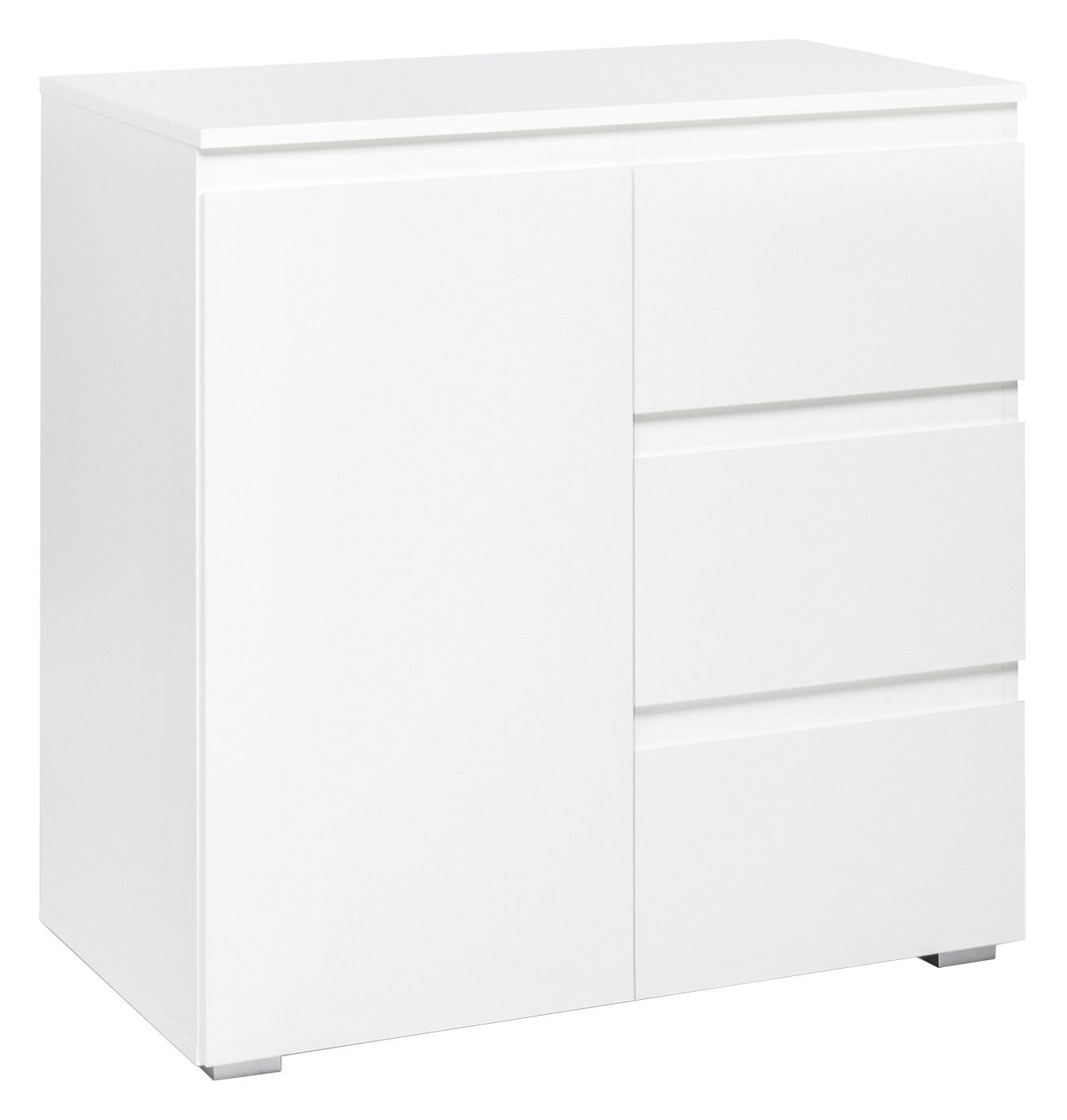 Z2 Kommode IMAGE Weiße Kommode mit drei Schubladen und einer Tür, seitliche Perspektive