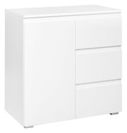 Weiße Kommode mit drei Schubladen und einer Tür, seitliche Perspektive