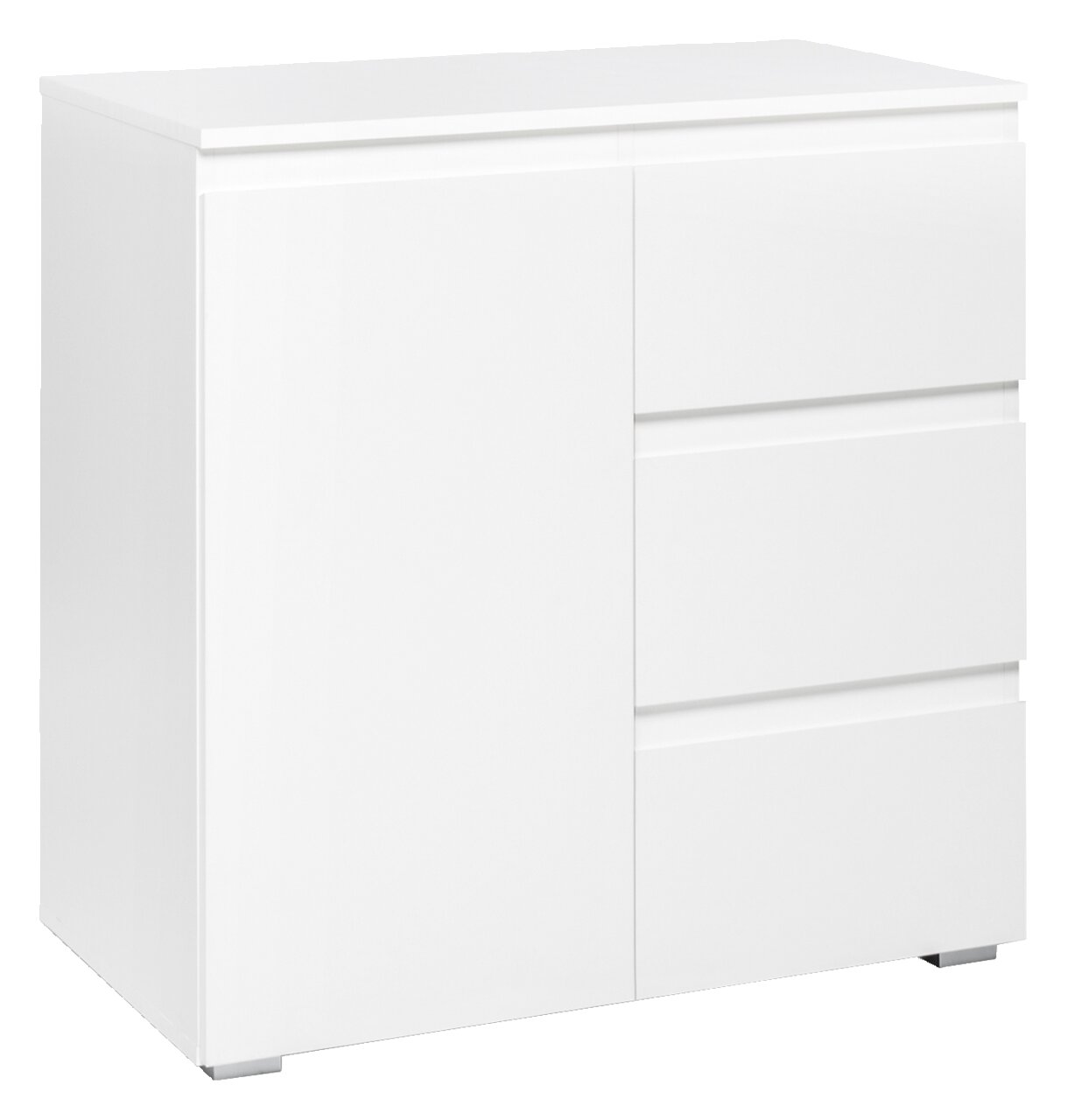 Z2 Kommode IMAGE Weiße Kommode mit drei Schubladen und einer Tür, seitliche Perspektive