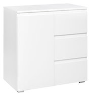 Weiße Kommode mit drei Schubladen und einer Tür, seitliche Perspektive