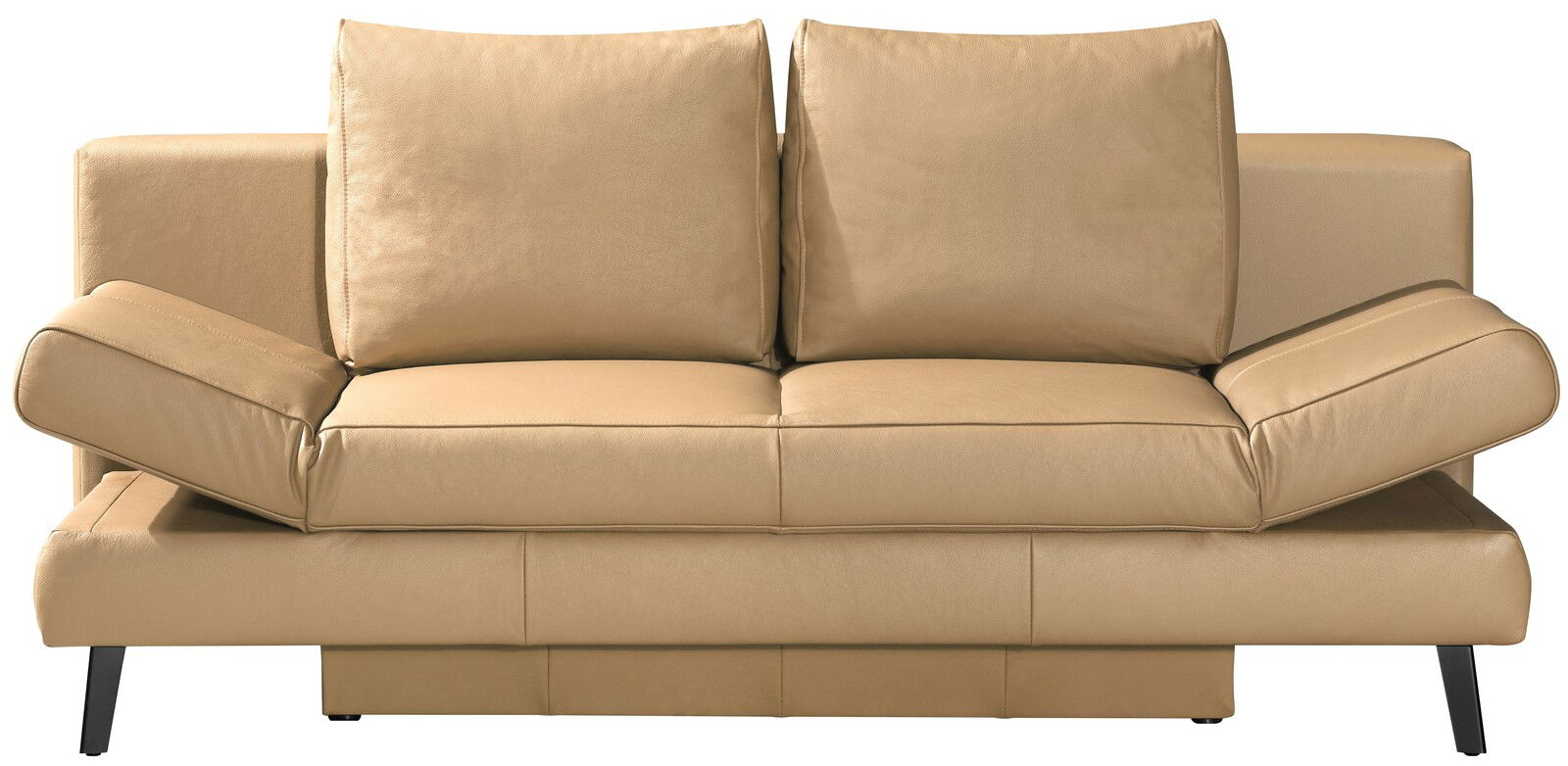 Beiges Schlafsofa mit verstellbaren Armlehnen, frontal betrachtet.