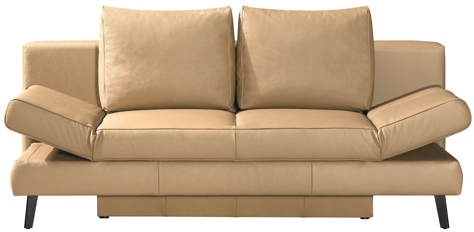 Beiges Schlafsofa mit verstellbaren Armlehnen, frontal betrachtet.