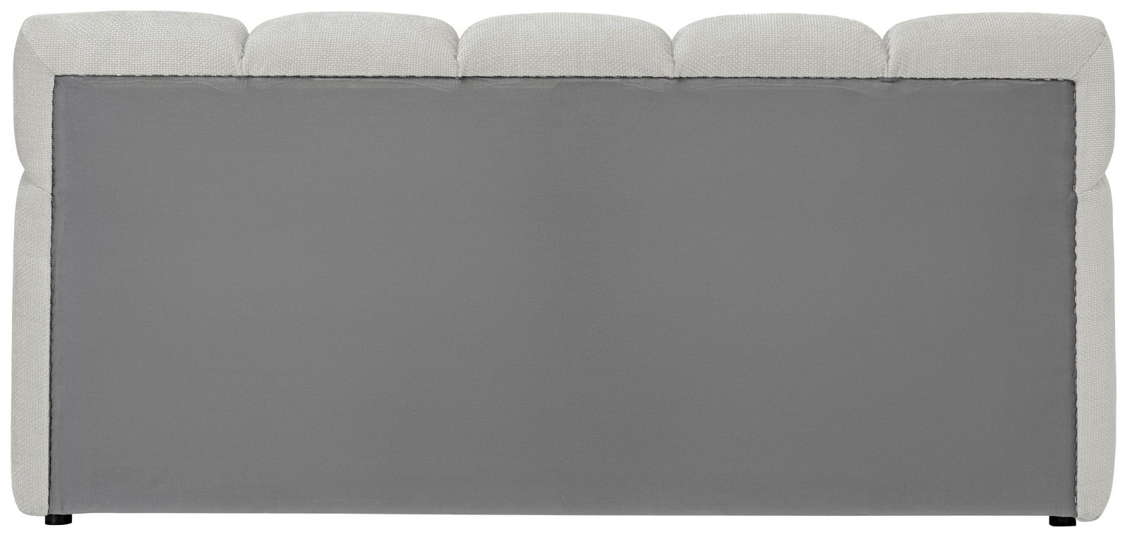 Rückansicht eines grauen Polsterbettgestells mit gepolstertem Kopfteil.