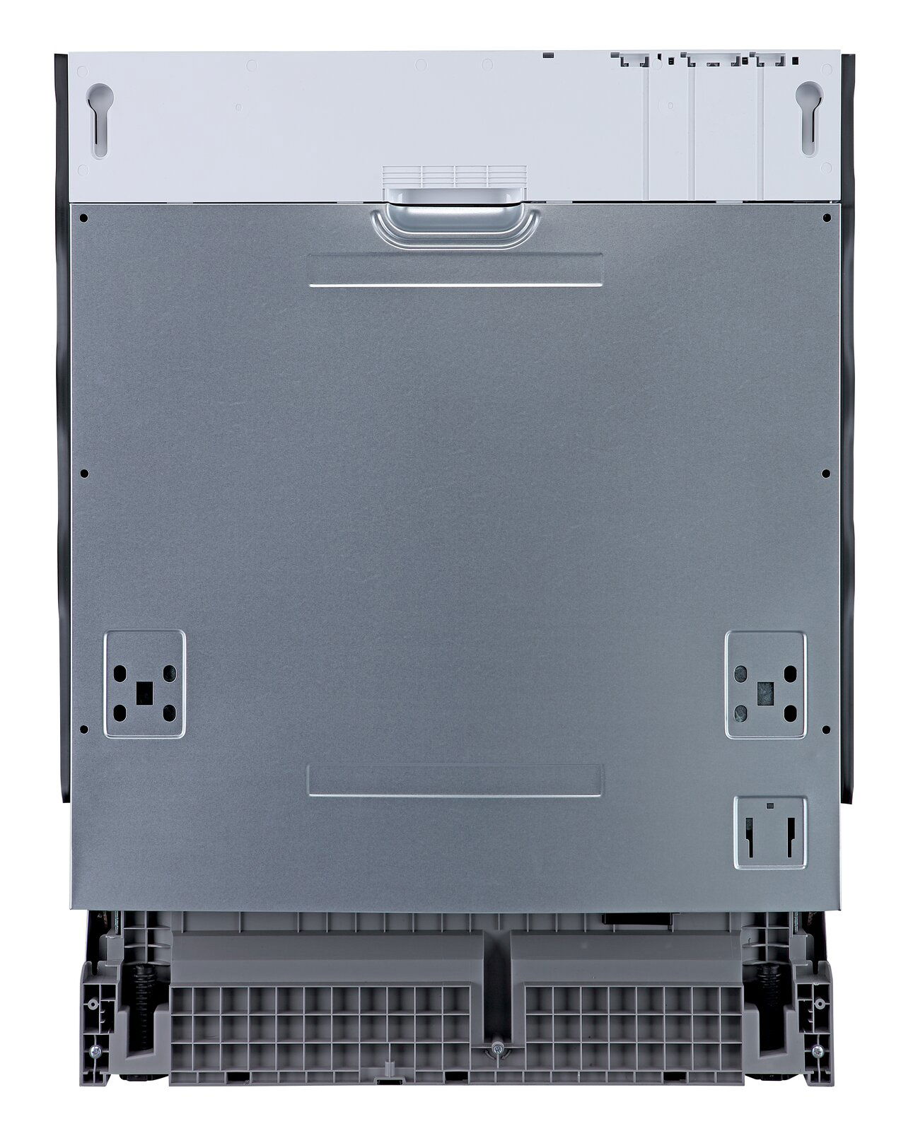 Rückansicht eines Küchengeräts mit grauer Metalloberfläche und Befestigungspunkten, geeignet für den Einbau in einen Küchenblock.