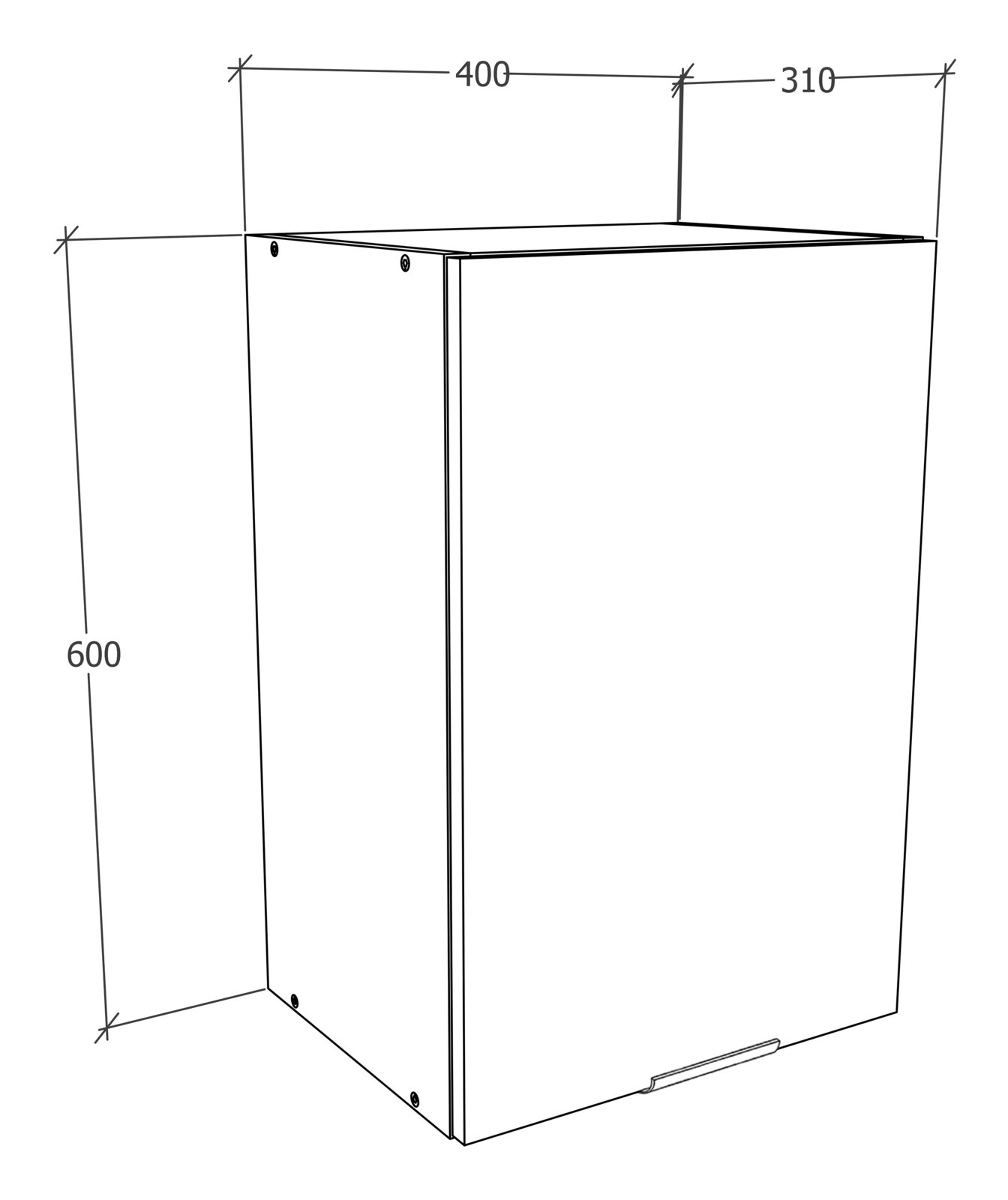 Technische Zeichnung eines rechteckigen Schranks/Unterschranks mit Maßen ca. 600 mm Höhe, 400 mm Breite und 310 mm Tiefe, gezeigt in schräger Vorderansicht von oben (3/4-Perspektive)