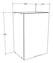 Technische Zeichnung eines rechteckigen Schranks/Unterschranks mit Maßen ca. 600 mm Höhe, 400 mm Breite und 310 mm Tiefe, gezeigt in schräger Vorderansicht von oben (3/4-Perspektive)