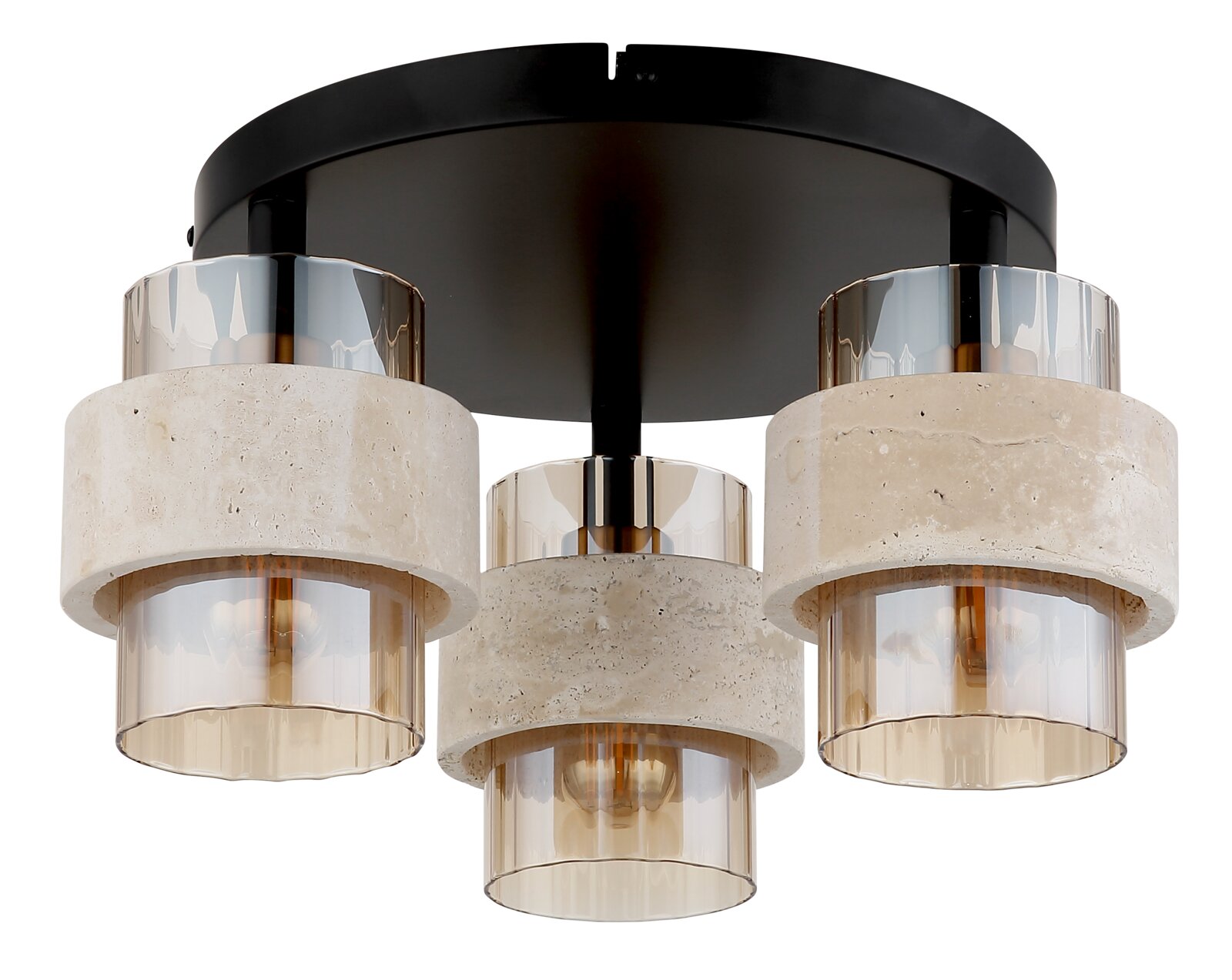 Moderne plafondlamp met drie lampen in zwart, met cilindervormige kappen van beige steen en getint glas; vooraanzicht, licht van onderaf