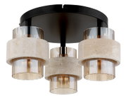 Moderne plafondlamp met drie lampen in zwart, met cilindervormige kappen van beige steen en getint glas; vooraanzicht, licht van onderaf